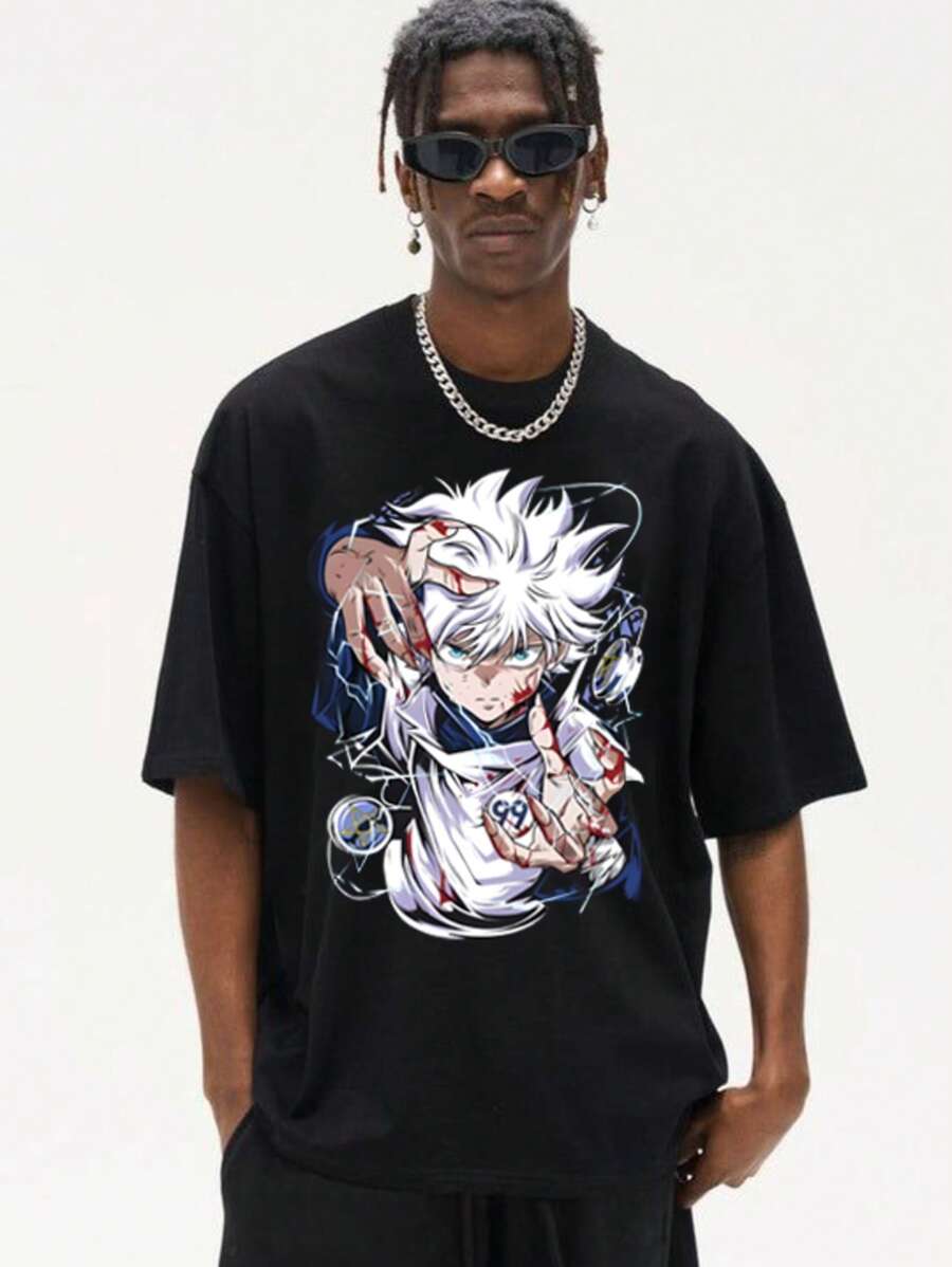 Hot Blooded Japanese Cartoon Anime Full-Time Hunter Jie Lightning Particle Special Effects Pattern Print, Summer Men's 100% Pure Cotton Short Sleeved Small Round Neck Soft And Comfortable Loose Black T-Shirt, Suitable For Outdoor Wear In Summer, Daily Wear, Friend Gift