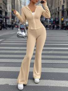 abyoxi Solid Color Hooded Zipper Long Sleeved Sports Style Top And Flared Pants Two Pieces Set, 2 Pieces Set, Fashionable, Simple, Casual, Outdoor, Street, Sports, Daily, Hot Girl, Spring And Summer Women's Young Hot Girl