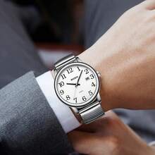 BIDEN Retro Fashion Wrist Watch, Unisex, Quartz Analog, Suitable For Middle-Aged And Elderly, Large Arabic Numeral Dial, Auto Date Display, Waterproof, Elastic Adjustable Strap - White - View 4