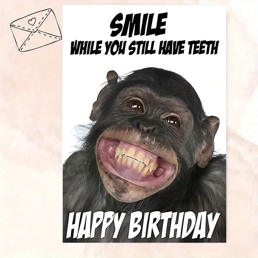 This Cheeky Monkey Birthday Card Delivers Big Laughs With Its Playful "Smile While You Still Have Teeth" Message. Perfect For Anyone Who Loves Humor - Multicolor - View 1