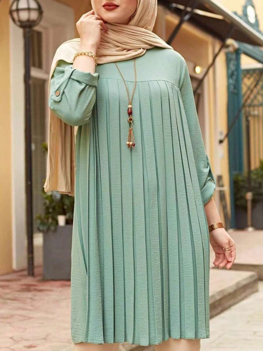 GDfashion Modest Women's Mint Green Pleated Loose-Fit Blouse With Rolled Button Cuff Islamic Casual Half-Sleeve Tunic Top - Green - View 1