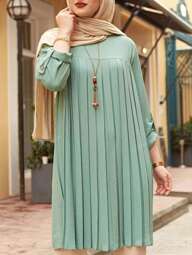 Fashionable Women's Solid Color Pleated Round Neck Modest Long Sleeve Shirt Top
