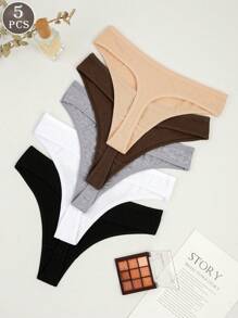 5pcs Women's Solid Color Cotton Breathable Sexy Comfortable Thong Panties