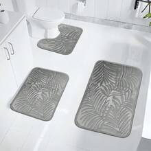 3pcs Simple Solid Color Leaf Embossed Highly Elastic Absorbent Anti-Slip Bathroom Floor Mat Set, Bathroom Mat 3pcs Set Home Bathroom Decor Outdoor Rug Door Mat Fall Decor Carpet Bathroom Accessories Back To School