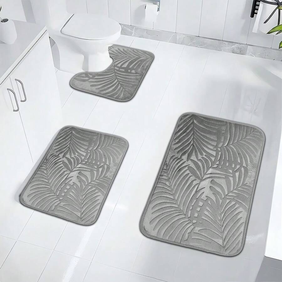 3pcs Simple Solid Color Leaf Embossed Highly Elastic Absorbent Anti-Slip Bathroom Floor Mat Set, Bathroom Mat 3pcs Set Home Bathroom Decor Outdoor Rug Door Mat Fall Decor Carpet Bathroom Accessories Back To School