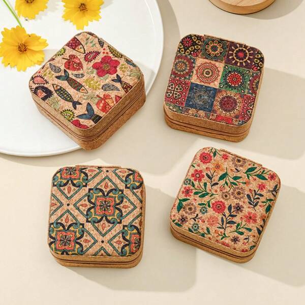 1 Mini Retro Printed Jewelry Box Earring, Ring, Necklace, Travel Storage Box, Jewelry Earring, Elegant Style Printed Jewelry Box,New Original High-Grade Cork Jewelry Box,. Portable Travel Earrings, Rings, Necklace Storage Box, Vintage Pattern Jewelry Box, Square Jewelry Box Summer For Women Storage Organizer Gift Wedding