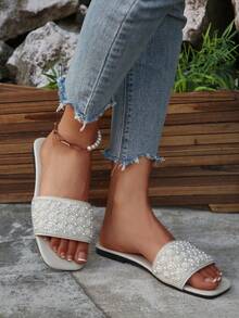 Women's Strap Rhinestone Casual Sandals, Summer Outdoor Plastic Flat Slippers - White - View 6