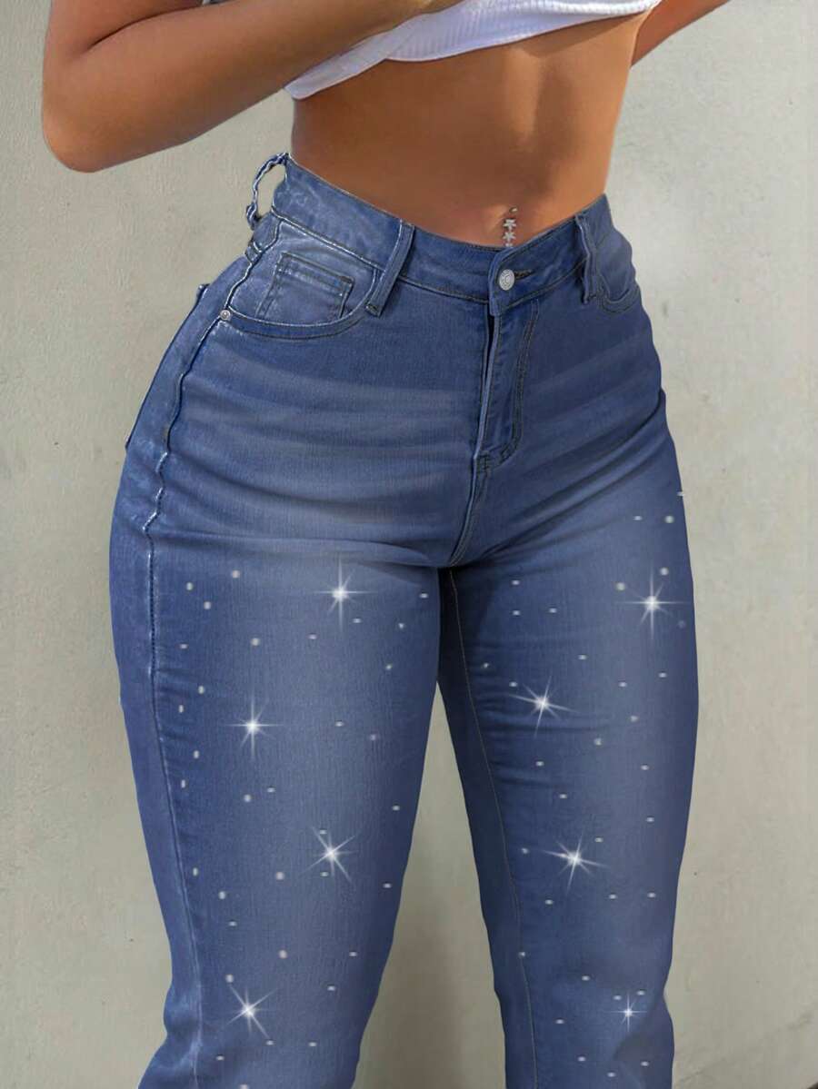 Y2K Style High Waist Slim Fit Rhinestone Embellished Casual Stretch Denim Jeans, Elegant Streetwear For Women Spring
