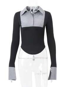 Women's Spring Autumn Tops Long Sleeve Lapel Button Contrast Color Slim Fit T-Shirt Shirt