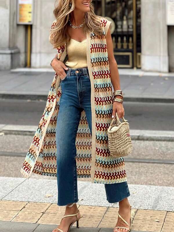 Cárdigan de punto colorido y vistoso de estilo casual y de resort para mujer, para primavera y verano