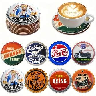 8pcs Retro Bottle Cap Design Coaster Set, Round, Heat-Resistant, Non-Slip Wooden Coasters, Suitable For Home Decor And Parties - Perfect Gift For Christmas, Thanksgiving And Hand Wash Only