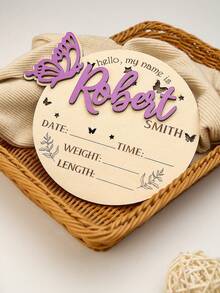 1pc Customized Teenager Announcement Sign, Personalized Newborn Baby Name Butterfly Wooden Sign, Round Wooden Birth Name Plate, New Parent Memento, Baby Birth Announcement Wooden Flat Plaque, Baby Girl Boy Alphabet Shape Monthly Milestone Card, New Mom Gift, Family, Friend, Daughter, Son, Her