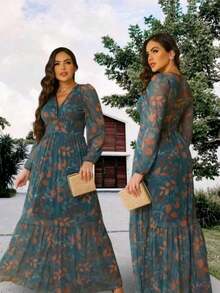 Long Sleeve V-Neck Dress With Padded Back And Lining - Green - View 2