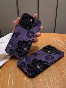 1 件黑色墨水花卉图案竖条纹仿皮手机保护壳，适用于 Apple 和各种型号 - 彩色 - 查看 2