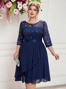 Plus Glitter Sequin Floral Lace Contrast Chiffon Ruffle Wrap Hem Elegant Prom Evening Party Swing Dress, Wedding Guest Dress, For Birthday, Graduation, Date Night - Navy Blue - View 4