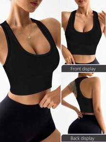 DINBEY Sujetadores deportivos de unicolor con escote en U y acanalados, tops deportivos transpirables y cómodos, ropa deportiva, ropa interior y exterior para mujer, ropa deportiva