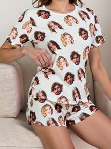 2pcs Customized Women Short Sleeve Shorts Pajama Set, With Personalized Photo, Portrait, Caricature Face Replacement, Lightweight Breathable Comfortable Fabric, Gift For Friends, Lovers, Partners, Party, Birthday, Christmas, Mother's Day, Includes 1 Eye Mask