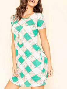 Boho Retro Rayon Cool Soft Summer Cuff Short Sleeve Crew Neck T Shirt Mini Dress Tunic With Pockets - 淺綠色 - 查看 1
