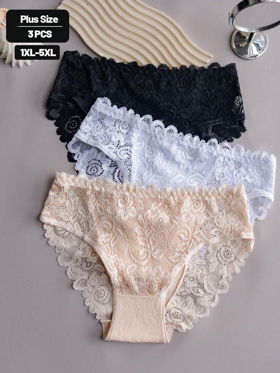 Plus Size 3 Packs Sexy Floral Lace Panty Set, Women's Comfortable Triangle Panties With Lace Trim