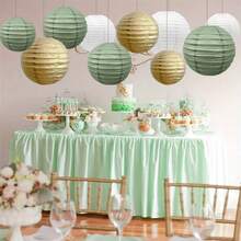 15pcs/10 Pcs Green, White & Gold Round Hanging Paper Lanterns Decorations, Rustic Wedding Birthday Party Decor Round Paper Lanterns Decoration, Gold/Ivory/Green-Grey Color, Hanging Paper Lanterns Suitable For Country Party - Multicolor - View 12