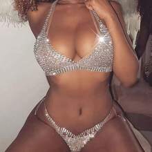 Sexy Rhinestone Mesh Body Chain Necklace, Shiny Luxurious Bikini Bra Chain And Panty Set Accessories - Set - View 1