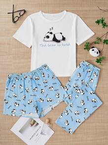 Conjunto de pijama de 3 piezas con estampado de panda, que incluye camiseta de manga corta de cuello redondo, shorts de cintura elástica, pantalones casuales, ropa de dormir y de estar en casa cómoda para mujer