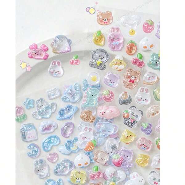 1pc Cute 3D Relief Nail Stickers DIY Decorative Mobile Phone Case Stickers Girl Cartoon Handbook Decoration Material Decorating Your Luggage Portable Clear With Fine Shimmer Animal Stickers (Product Hollow)