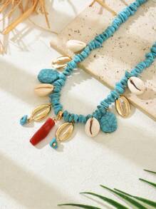 1pc Fashionable & Elegant Bohemian Turquoise Seashell Pendant Necklace For Women, Summer Holiday Jewelry