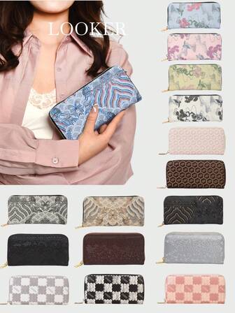 女士钱包，长款钱包，PU，拉链密封，休闲，时尚，云朵图案，字母图案，格子图案，简约轻巧，适合日常通勤，办公，度假，旅行，商务，可放银行卡，零钱。