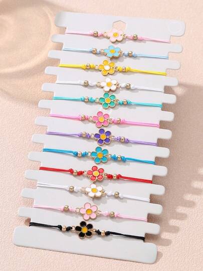 Set de 12 piezas de brazaletes de amistad ajustables y personalizados con flores de 5 pétalos de aleación, de colores variados, perfecto para volver al colegio