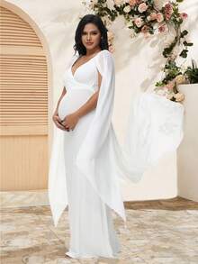 Maternity Chiffon Flowy Sleeve Dress With Trailing Hem, Suitable For Baby Shower And Maternity Photoshoot - White - View 3