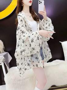 女式印花长袖轻薄宽松连帽防晒开衫，夏季 - 米色 - 查看 3