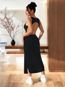 Long Fitted Off-The-Shoulder Dress With Leg Opening And Open Back - 黑色 - 查看 2
