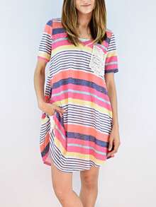 Boho Retro Rayon Cool Soft Summer Cuff Short Sleeve Crew Neck T Shirt Mini Dress Tunic With Pockets - 珊瑚粉 - 查看 7