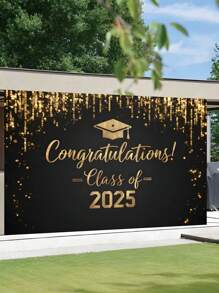 1pc Luxury Black & Gold 2025 Graduation Party Backdrop - High-End Sparkle Plaid Design, Modern Style Photo Background Hanging Cloth, Polyester Material, No Electricity Needed, Applicable For Photo Booth And Cake Table Decor, Indoor & Outdoor Use, Multiple Sizes Available, Graduation Ball Party, Party Decor, Home Decor