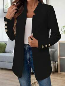 1pc Women's Solid Color Fashion Button Long Sleeve Cardigan Jacket - Black - View 2