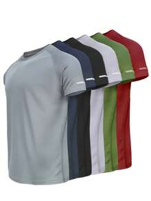 Recomendado Camiseta de seis piezas gris azul negro blanco verde militar rojo oscuro casual deportiva con estampado de rayas reflectantes, camiseta de manga corta transpirable de secado rápido con cuello redondo, camiseta de correr, camiseta que absorbe la humedad, camiseta de entrenamiento de fitness de manga corta de temporada - Conjunto de 6 piezas estampado en gris, azul marino, negro, blanco, verde militar y burdeos - Ver 2