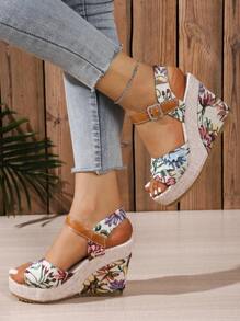 2024 New European Women Platform Floral Print Slide Sandals, Summer Outdoor Casual Leisure Chunky Wedge Adjustable Strap Comfortable Open Toe Shoes