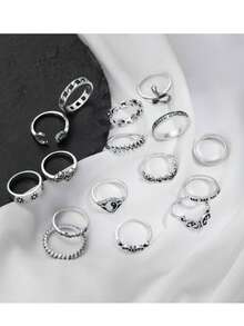 16 Pcs/Set Vintage Octagon Sun Moon Snake Leaf Flower Joint Rings - Gold - View 7