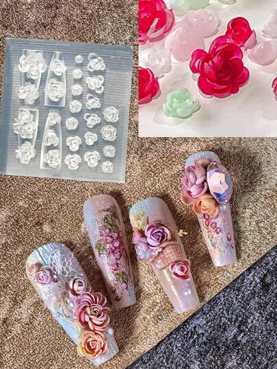 Beautizon Nailartlab 1个硅胶美甲模具，精致3D玫瑰花造型，适用于美甲沙龙装饰配件