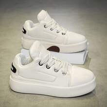 Thick Sole Men's Shoes, Men's Thick Sole Casual Sneakers, Outdoor Fashionable Versatile Bread Shoes For Young Men, Leather Face Skateboard Shoes, Street Stylish Classic Lace-Up Round Toe Men's Shoes For Party, Holiday, Daily Wear - White - View 5