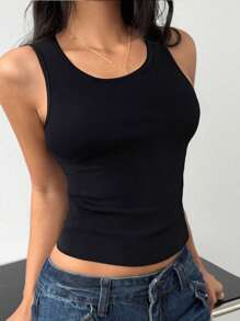 1pc Solid Color Casual-Comfy Minimal Casual-Regular Casual Leisure-Sports Casual Ribbed Racerback Tank Top