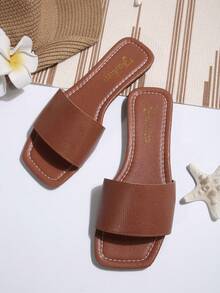 大码女式黑色露趾拖鞋，春夏新品黑色方头平底凉鞋，时尚系带一脚蹬沙滩鞋，防滑家居拖鞋，漂亮的夏季塑料 - 棕色 - 查看 5