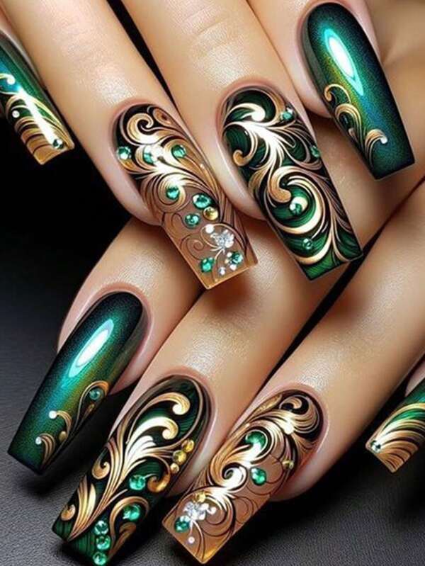 24 قطعة أظافر فرنسية مربعة خضراء للضغط عليها، أظافر صناعية مرصعة بالراين للنساء والفتيات، مع 1 ملف أظافر و 1 قطعة من غراء الجيلي، مستلزمات الأظافر