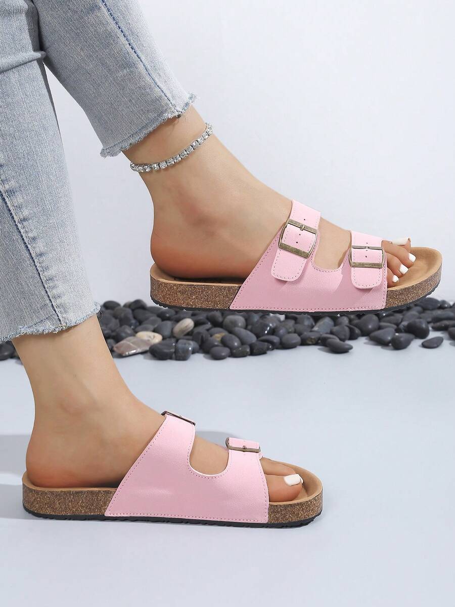 Thick Sole Comfy Buckle Casual Sandals, Summer New Soft Bottom Slides, Beach Wear Slippers - Pink - View 1