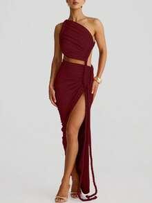 Women Summer Solid Patchwork Backless Side Slit Ruched Long Dress Bodycon Sexy Elegant Party Dress Prom - Burgundy - View 4