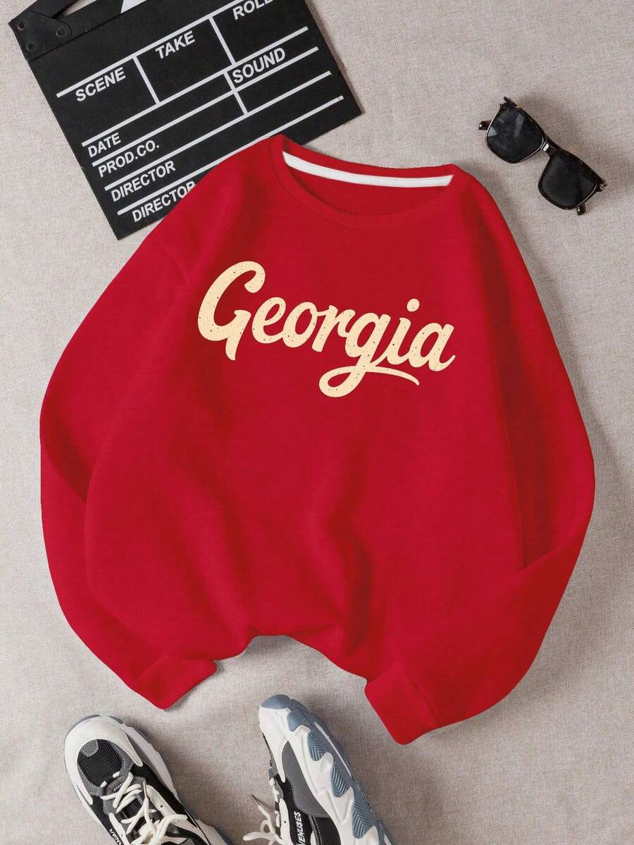 Georgia Vintage Script Graphic Print Women's Oversize Sweatshirt, Sudadera Para Mujer Con Estampado De Caligrafía Vintage De Georgia, Comfort Fit Crew Neck Top, State Pride Sweatshirt Suitable For Georgia Locals & Retro Style Fans - Đỏ - Xem 1