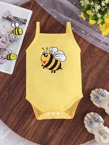 3pcs Baby/Baby Girl Summer Sleeveless Cute Cartoon Bee & Floral Print Bodysuit Set