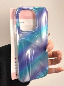 波浪涟漪 1 件 INS 美学水波辐射极光激光不对称图案手机壳兼容 16 15 14 13 Pro Max 柔软硅胶后盖 - 藍綠色 - 查看 3