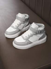 Crianças Novos Sapatos Esportivos Leves Confortáveis de Patchwork Branco e Cinza, Design Minimalista Adequado Para Fitness Infantil, Corrida, Jogos Ao Ar Livre, Solas Macias E Absorventes De Choque, Tênis Casuais De Tamanho Grande
